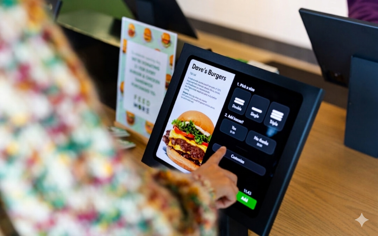Guest tapping to place an order on a countertop self-serve kiosk